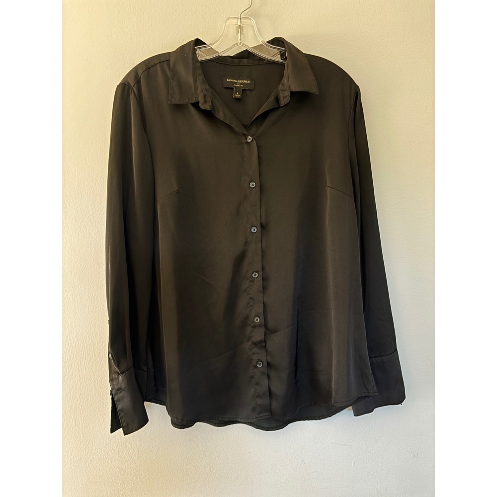 Banana Republic‎ Button Down Shirt Black Silky Satin Classic Fit Blouse